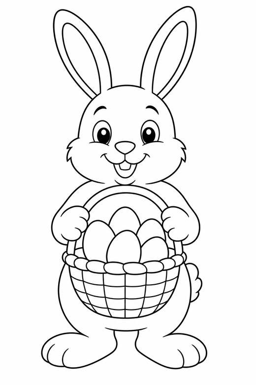 Bunny with a basket: A rabbit standing upright holding a basket of eggs, free printable coloring page