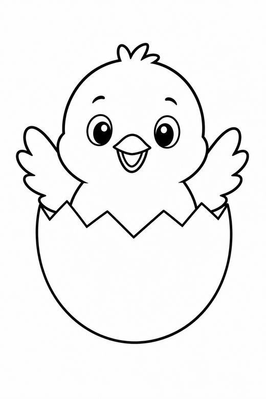 Chick hatching: A chick emerging from a cracked eggshell, free printable coloring page