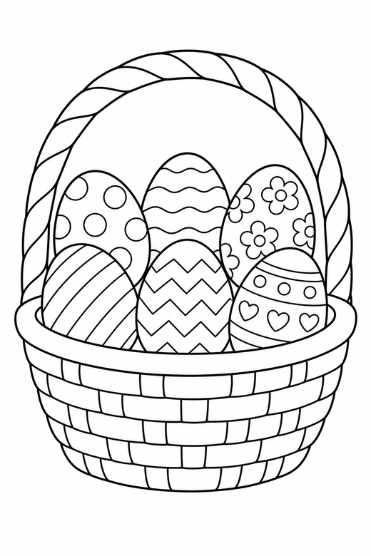 Basket of eggs: A woven basket filled with six patterned eggs, free printable coloring page