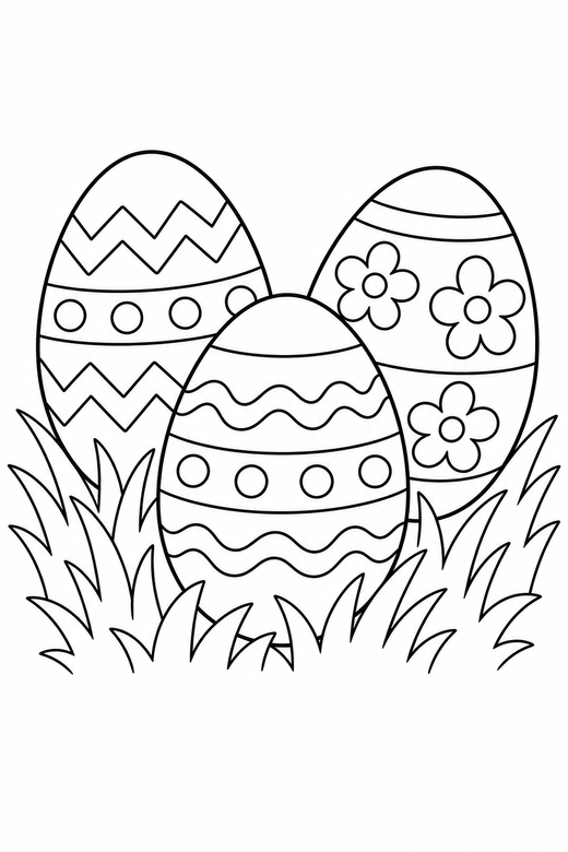 Three eggs in grass: Three decorated eggs nestled in grass, free printable coloring page