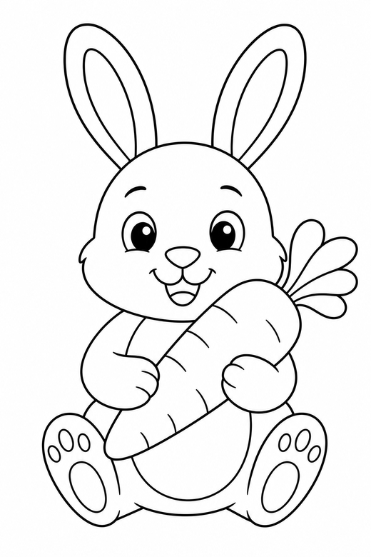 Bunny and a carrot: A rabbit holding a large carrot in both paws, free printable coloring page