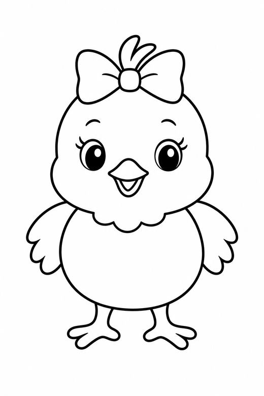 Chick with a bow: A small chick wearing a bow, standing, free printable coloring page