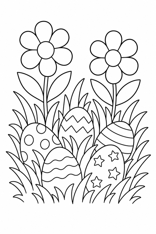 Egg hunt scene: Several eggs hidden among grass and two flowers, free printable coloring page