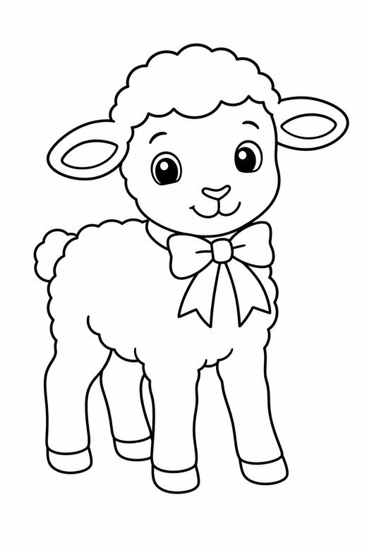 Lamb with a ribbon: A lamb with a ribbon around its neck, standing, free printable coloring page