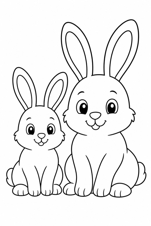 Two bunnies: Two rabbits sitting side by side, one smaller, free printable coloring page