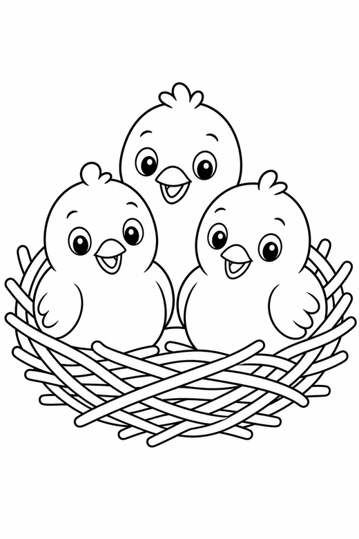 Chicks in a nest: Three chicks together in a nest of twigs, free printable coloring page