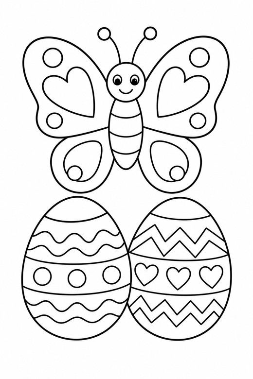 Butterfly and eggs: A butterfly above two decorated eggs, free printable coloring page