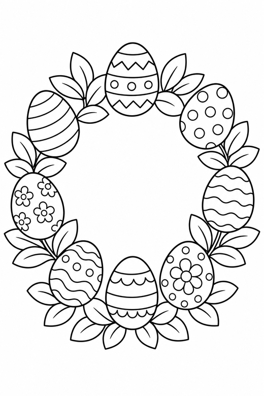Spring wreath with eggs: A wreath ring decorated with eggs and leaves, free printable coloring page