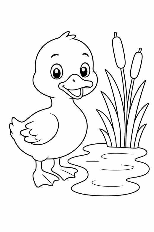 Duckling by the water: A duckling standing beside simple water and reeds, free printable coloring page