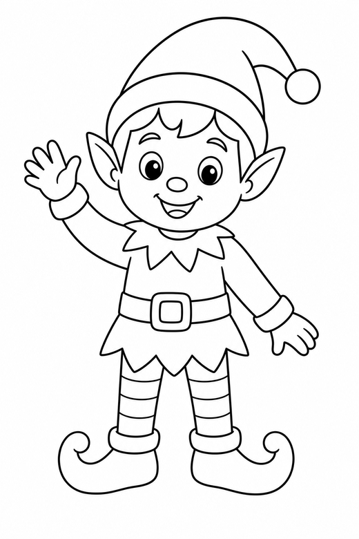 Elf waving: A Christmas elf standing and waving, pointed hat and curled shoes, free printable coloring page