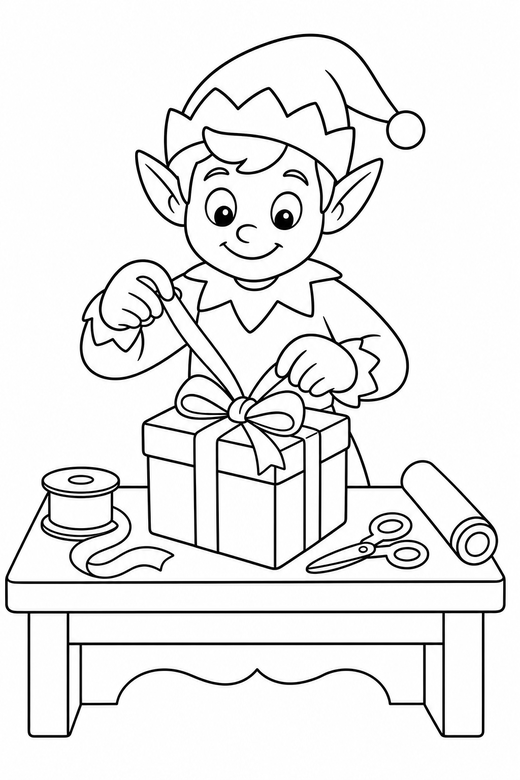 Elf wrapping a present: An elf wrapping a box with ribbon on a workbench, free printable coloring page