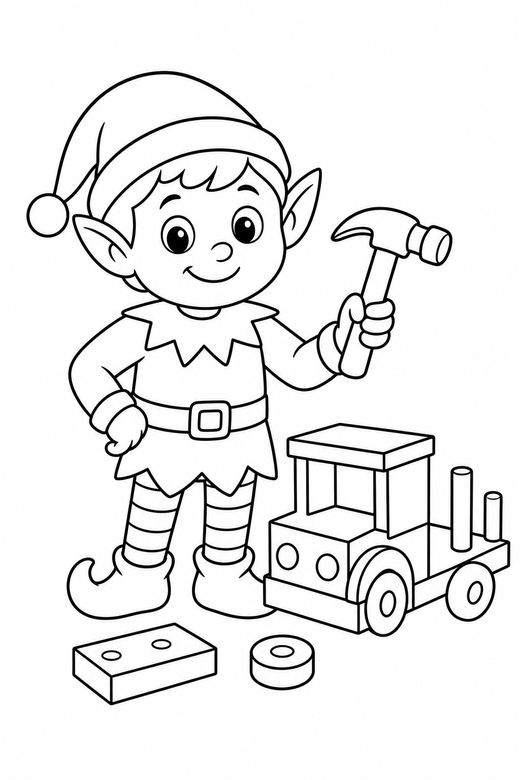 Elf with a hammer: An elf holding a hammer beside a half-built toy, free printable coloring page