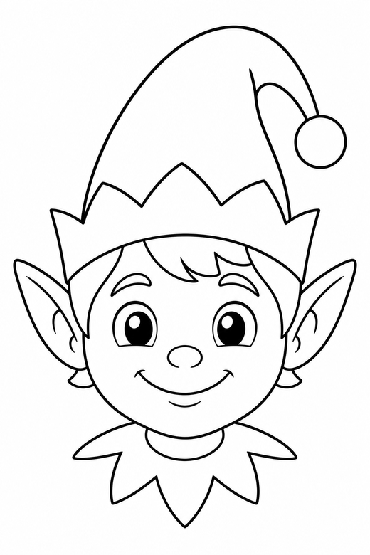 Elf face close-up: An elf face portrait with pointed ears and a pointed hat, free printable coloring page