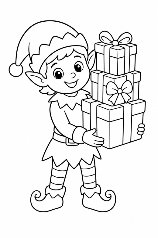 Elf carrying presents: An elf carrying a stack of three wrapped presents, free printable coloring page