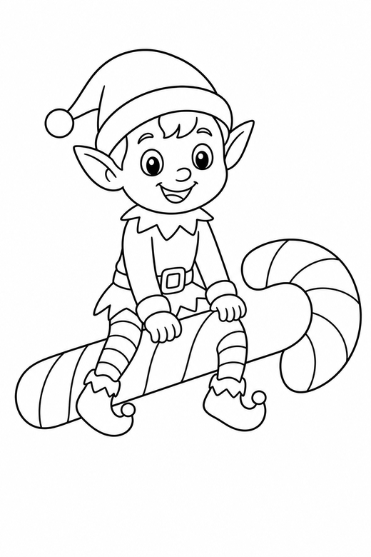 Elf on a candy cane: A small elf sitting astride a large candy cane, free printable coloring page