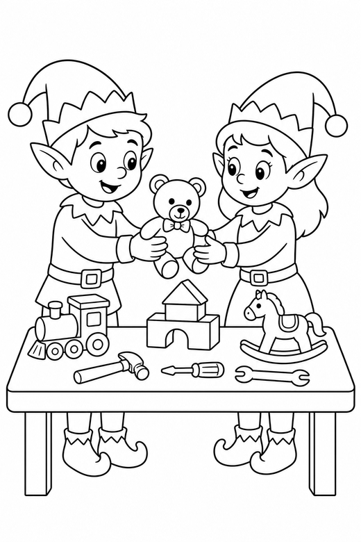 Two elves working: Two elves at a workbench passing a toy between them, free printable coloring page