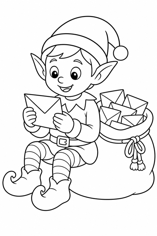 Elf reading letters: An elf reading a letter from a large sack of mail, free printable coloring page