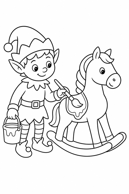 Elf painting a toy: An elf painting a rocking horse with a brush, free printable coloring page