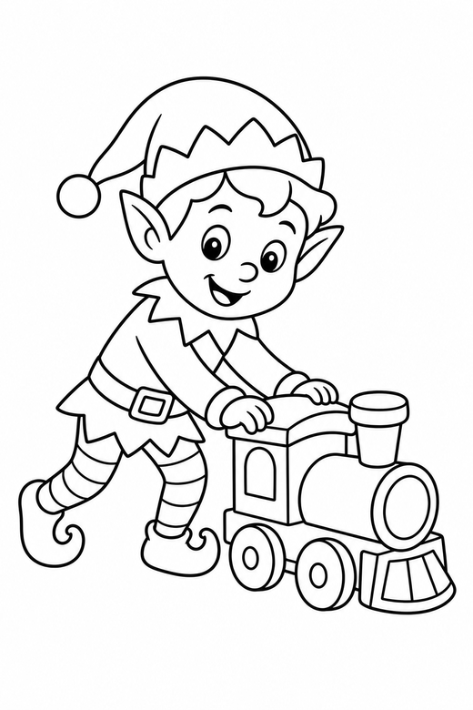 Elf with a toy train: An elf pushing a small toy train along, free printable coloring page