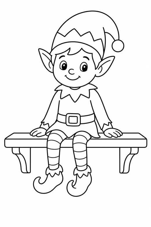 Elf on a workshop ledge: An elf sitting on the edge of a wooden workshop ledge with legs dangling, free printable coloring page