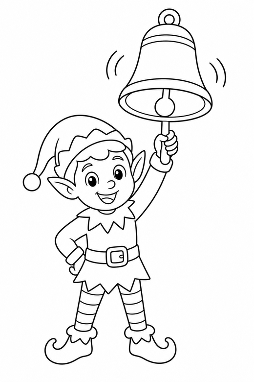 Elf with a bell: An elf holding up a large ringing bell, free printable coloring page
