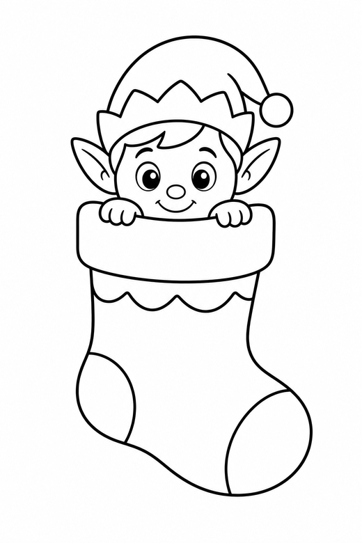 Elf in a stocking: An elf peeking out from inside a large stocking, free printable coloring page