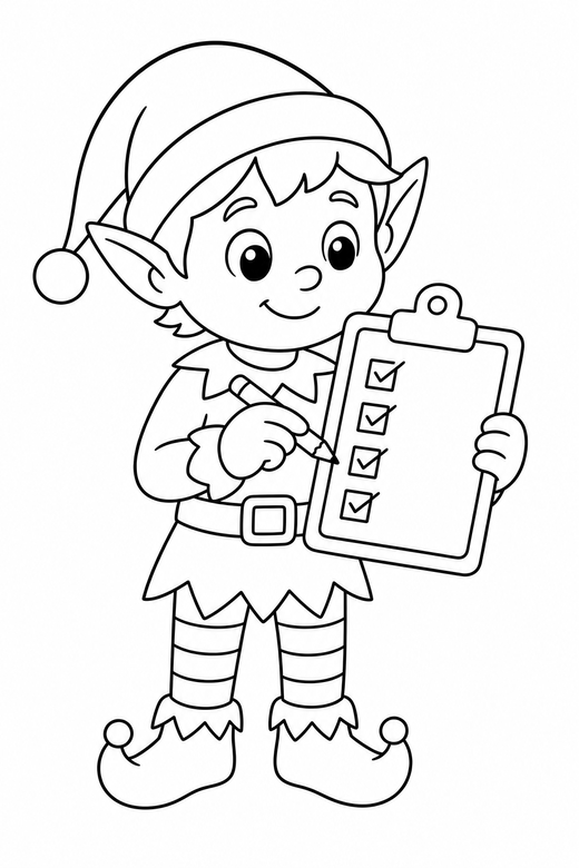 Elf with a clipboard: An elf checking items off a clipboard list, free printable coloring page