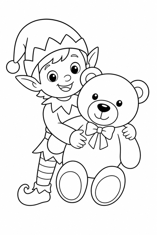 Elf and a teddy bear: An elf holding a teddy bear almost as big as itself, free printable coloring page