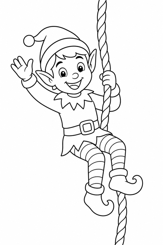 Elf sliding down a rope: An elf sliding down a rope with one hand raised, free printable coloring page