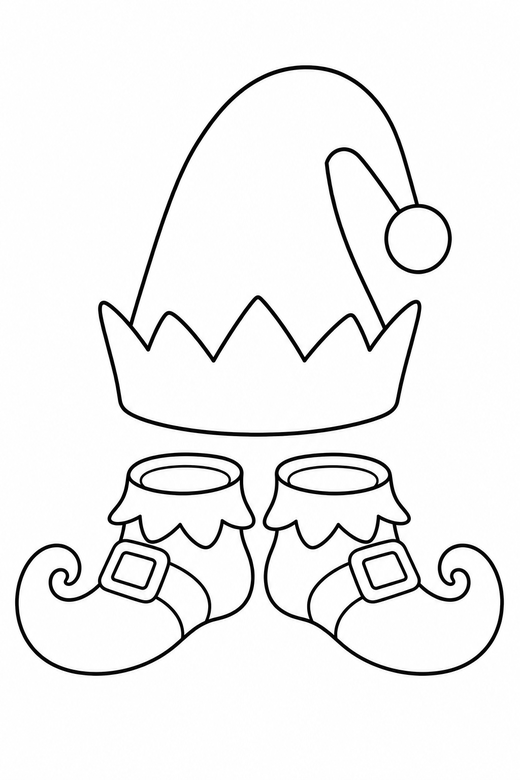 Elf hat and shoes: A pointed elf hat beside a pair of curled-toe shoes, free printable coloring page