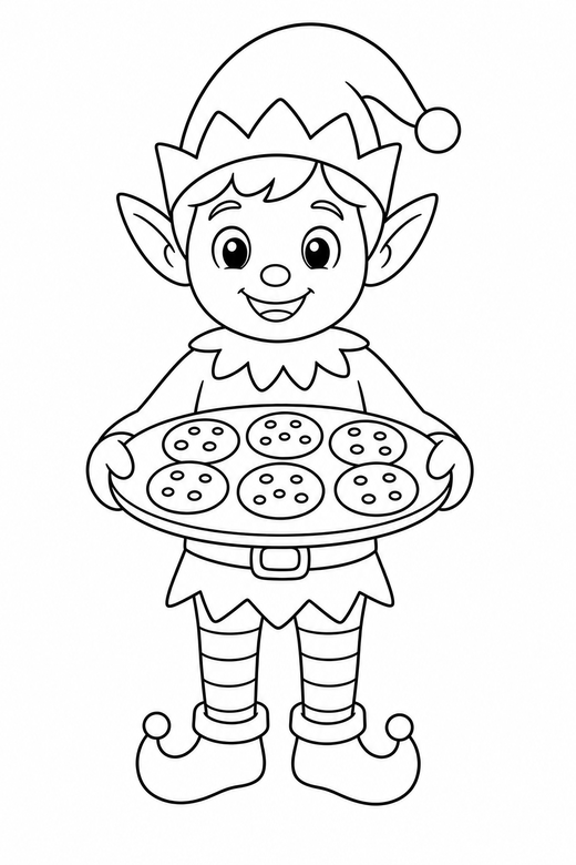 Elf baking cookies: An elf holding a tray of freshly baked cookies, free printable coloring page