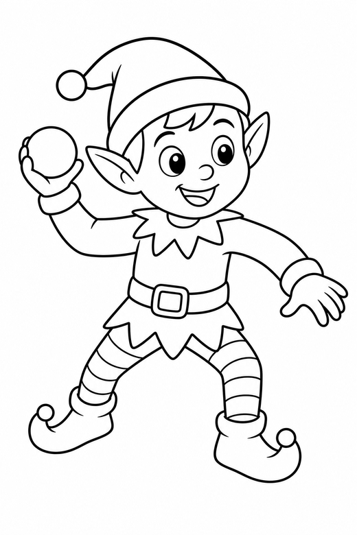 Elf with a snowball: An elf holding a snowball ready to throw, free printable coloring page