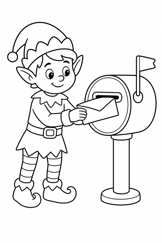 Elf beside a mailbox: An elf posting a letter into a round mailbox, free printable coloring page