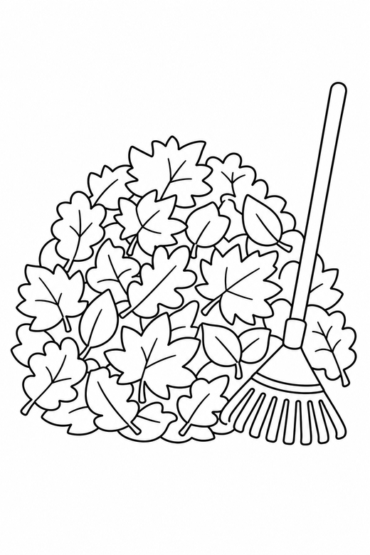 Pile of leaves: A rounded pile of fallen leaves with a rake beside it, free printable coloring page