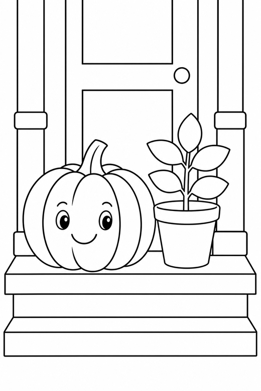 Pumpkin on a porch: A pumpkin sitting on a porch step beside a small plant, free printable coloring page