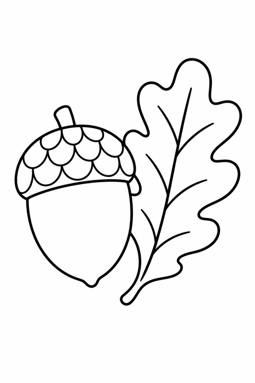 Acorn and oak leaf: An acorn beside an oak leaf, free printable coloring page