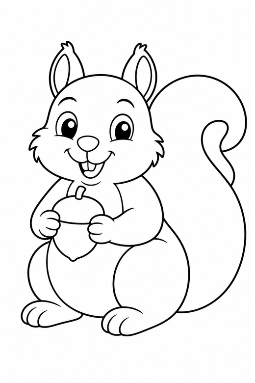 Squirrel with a nut: A squirrel holding a nut in both paws, tail curled up, free printable coloring page