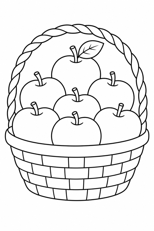 Apple basket: A basket filled with round apples and one leaf, free printable coloring page