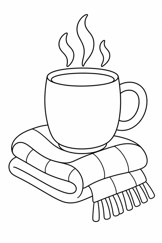 Hot drink and scarf: A steaming mug beside a folded scarf, free printable coloring page