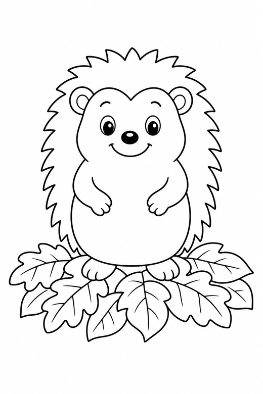 Hedgehog on leaves: A hedgehog standing on a small pile of leaves, free printable coloring page