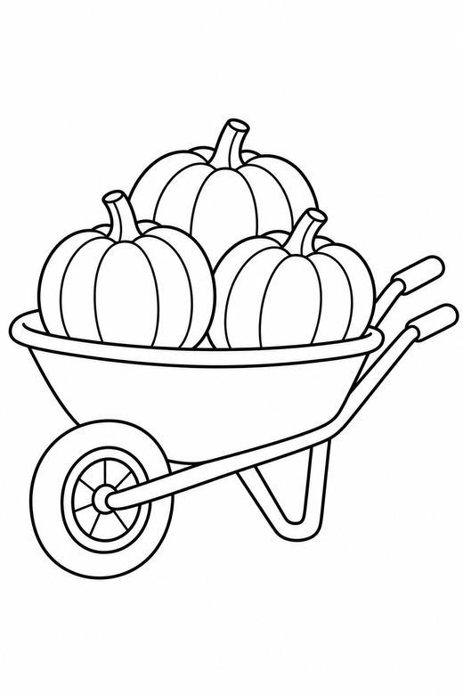 Wheelbarrow of pumpkins: A wheelbarrow holding three pumpkins, free printable coloring page