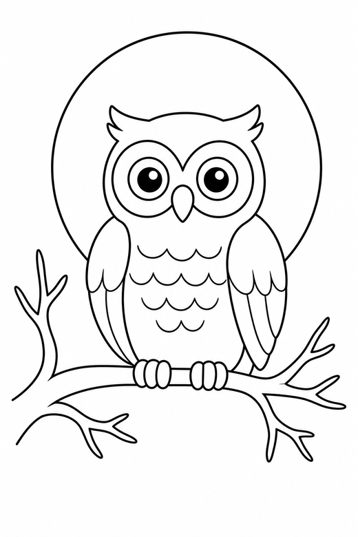 Owl on a bare branch: An owl perched on a bare branch with a moon behind, free printable coloring page