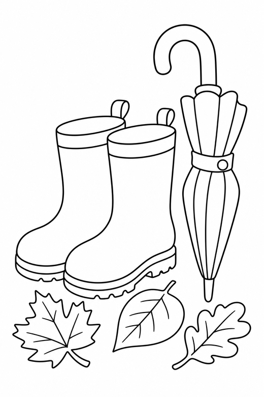 Boots and umbrella: A pair of boots beside a closed umbrella and leaves, free printable coloring page