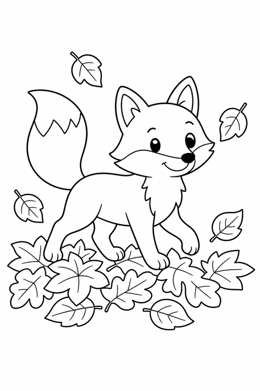 Fox in the leaves: A fox walking through fallen leaves, free printable coloring page