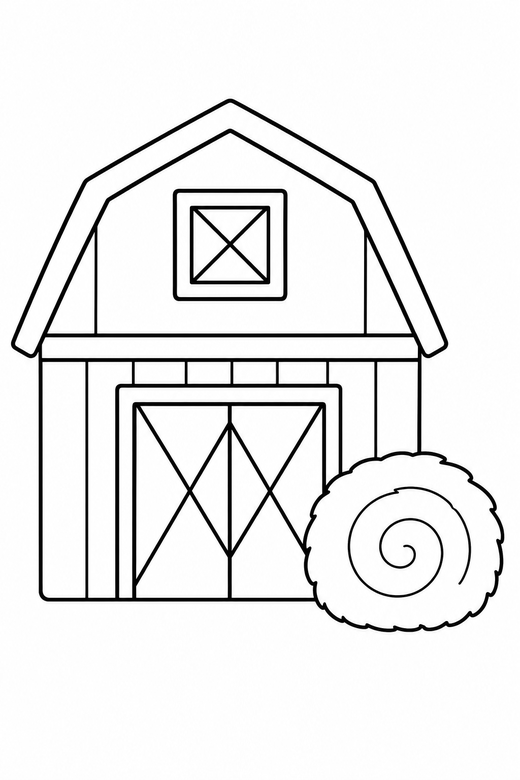 Barn and haystack: A simple barn with a round haystack beside it, free printable coloring page