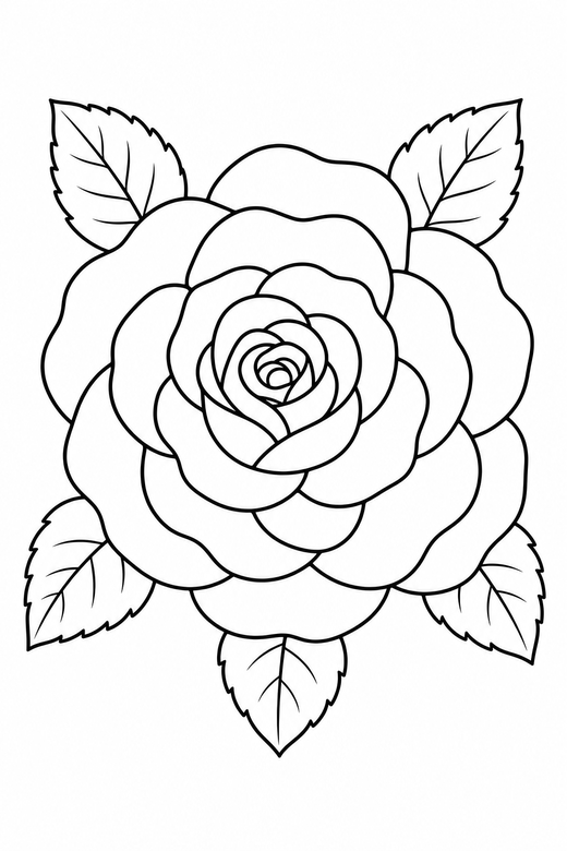 A rose in full bloom viewed from above, layered petals — free printable flower coloring page