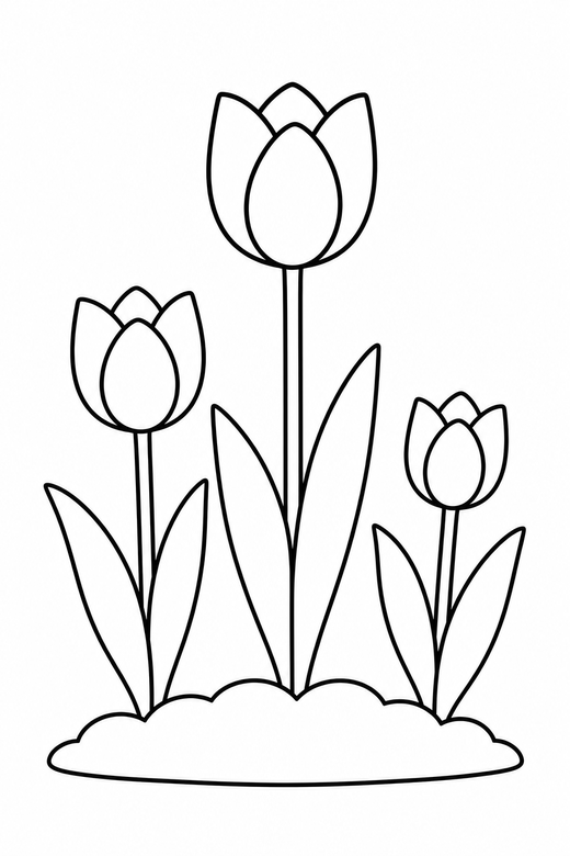 Three tulips of different heights growing from the ground — free printable flower coloring page