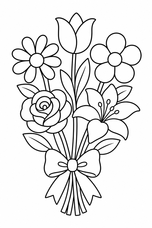 A simple bouquet of five mixed flowers tied with a ribbon — free printable flower coloring page