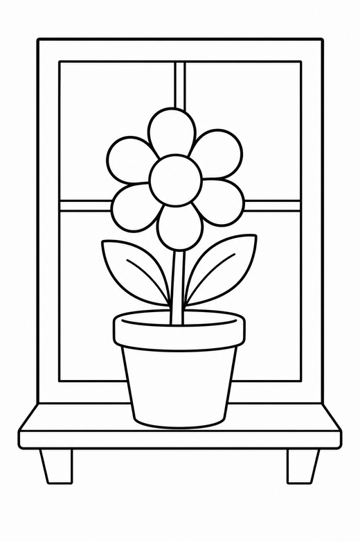 A flower in a small pot on a windowsill — free printable flower coloring page