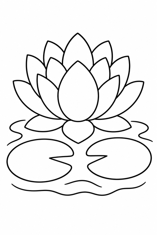 A lotus flower floating on water with two lily pads — free printable flower coloring page